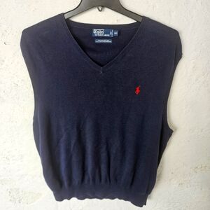 Polo Ralph Lauren 2XL Pima Cotton Sweater Vest V-Neck Pullover Blue Label Retro